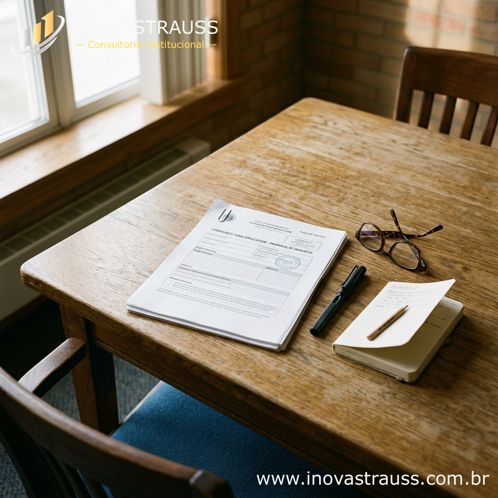 Projeto de captação de recursos públicos para inovação sobre mesa de reunião
