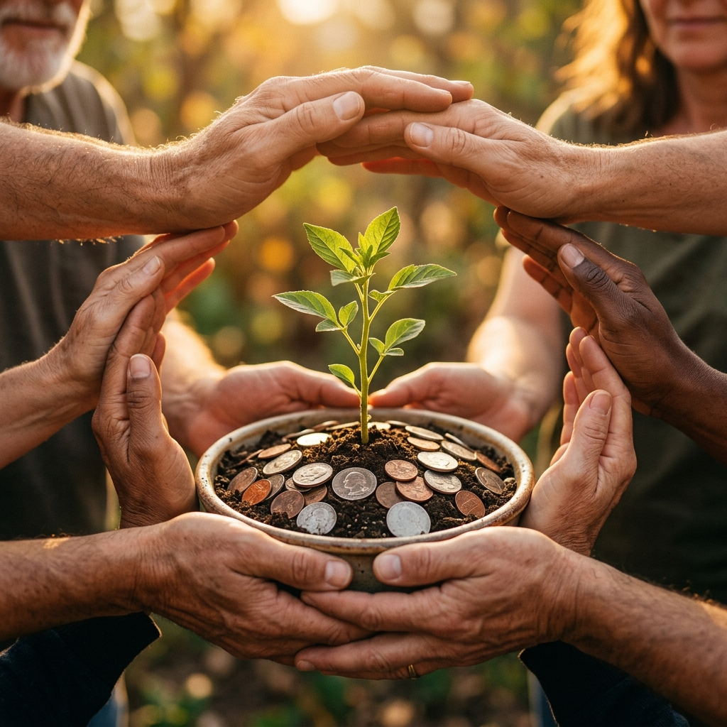 Captação de recursos públicos para inovação Mãos formando um círculo ao redor de uma pequena planta crescendo de moedas, simbolizando captação de recursos públicos para inovação